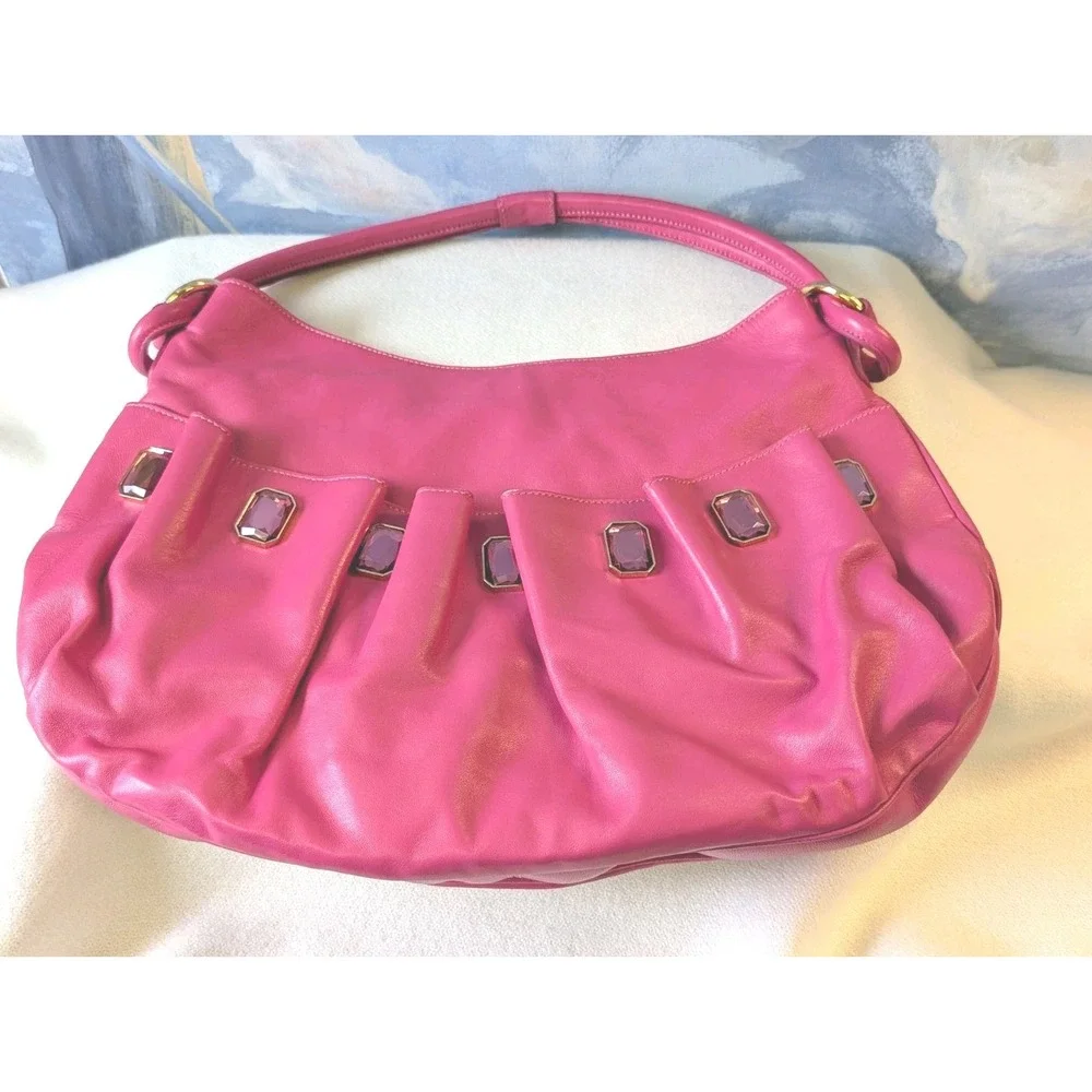 New! Braccialini Italian Leather Embellished Handbag In Fushia